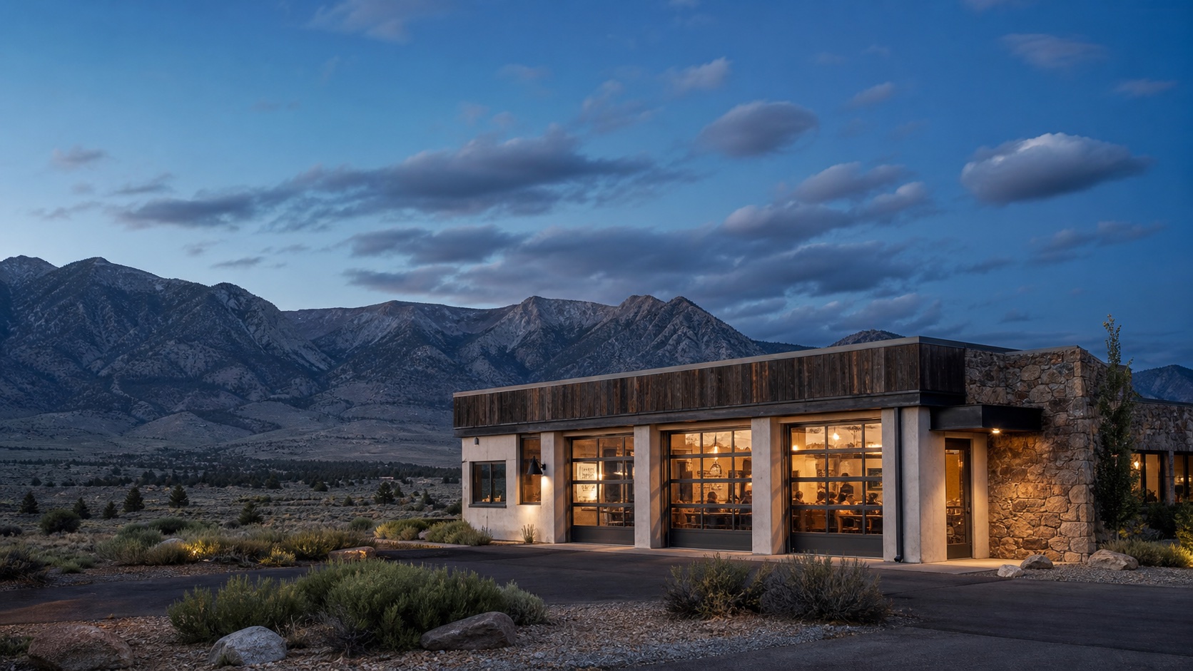 Granite Hour restaurant in its Eastern Sierra landscape at dusk