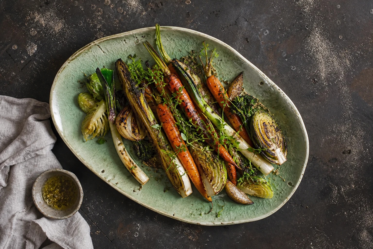 Wood-fired seasonal vegetables on a handmade celadon platter