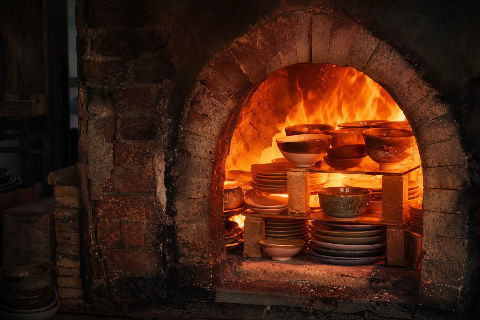 Handmade ceramics glowing inside a traditional kiln