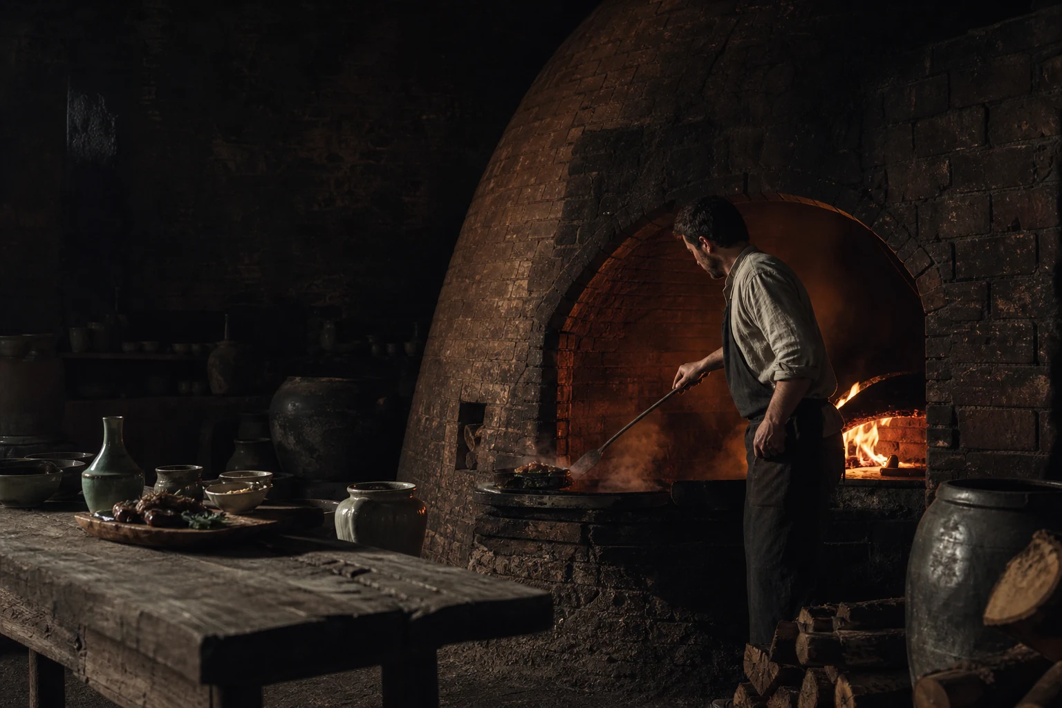 A cook tending a wood fire inside the fictional Kiln House pottery works