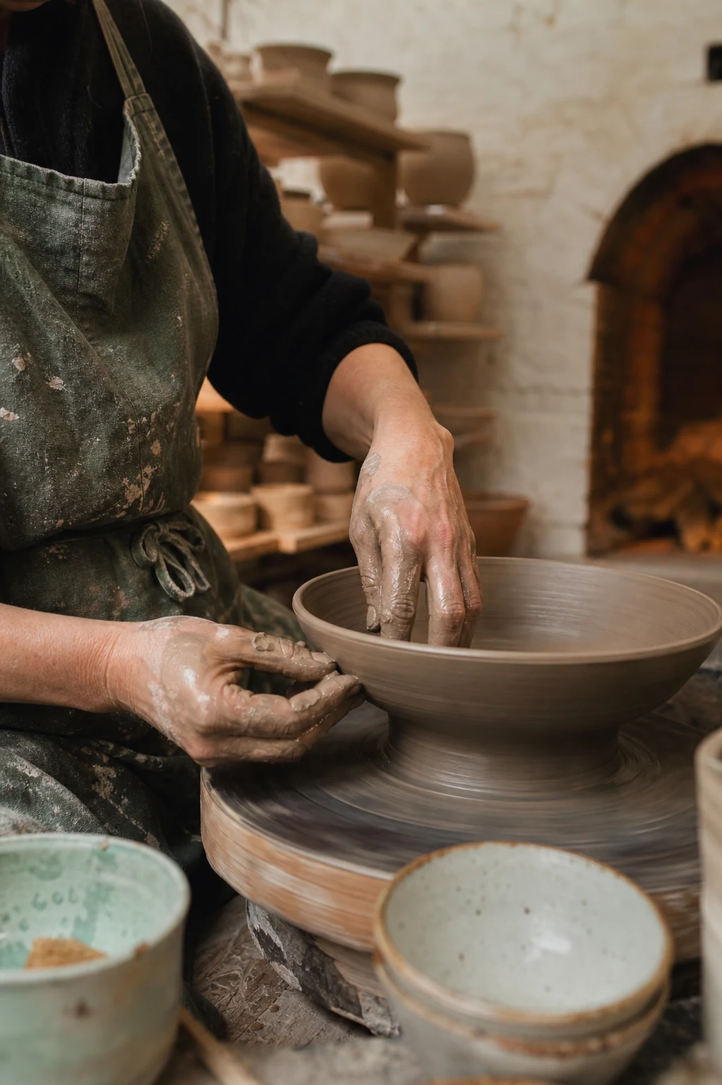 A potter shaping a serving bowl for the fictional Kiln House collection