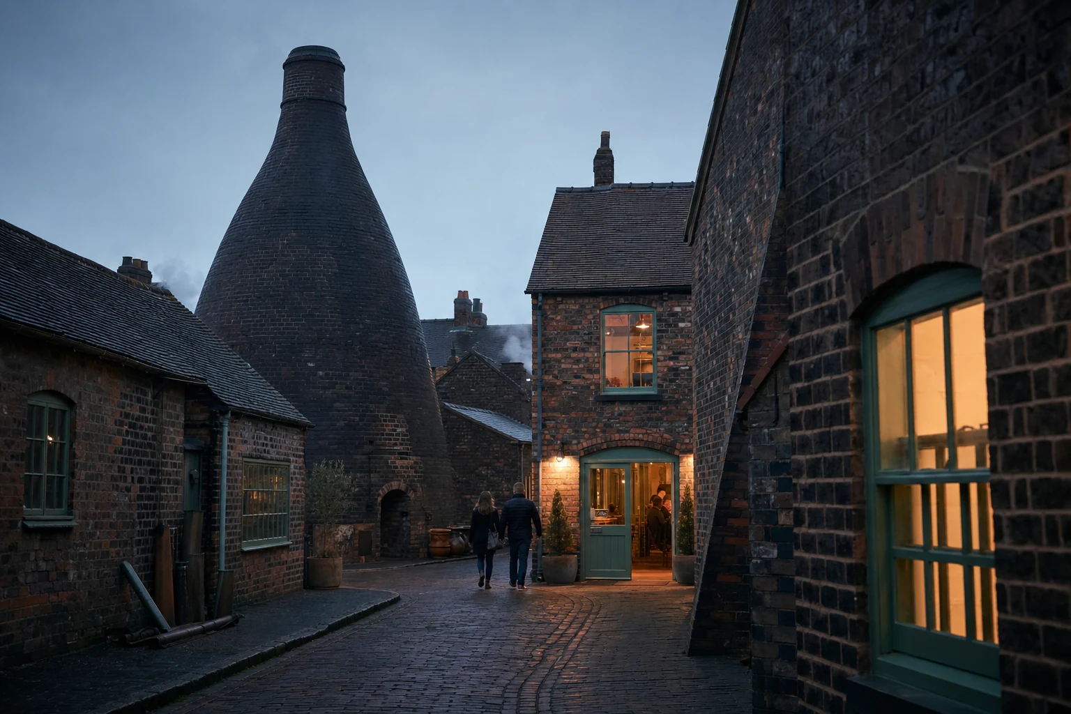 A fictional restaurant inside restored pottery works in Staffordshire at dusk