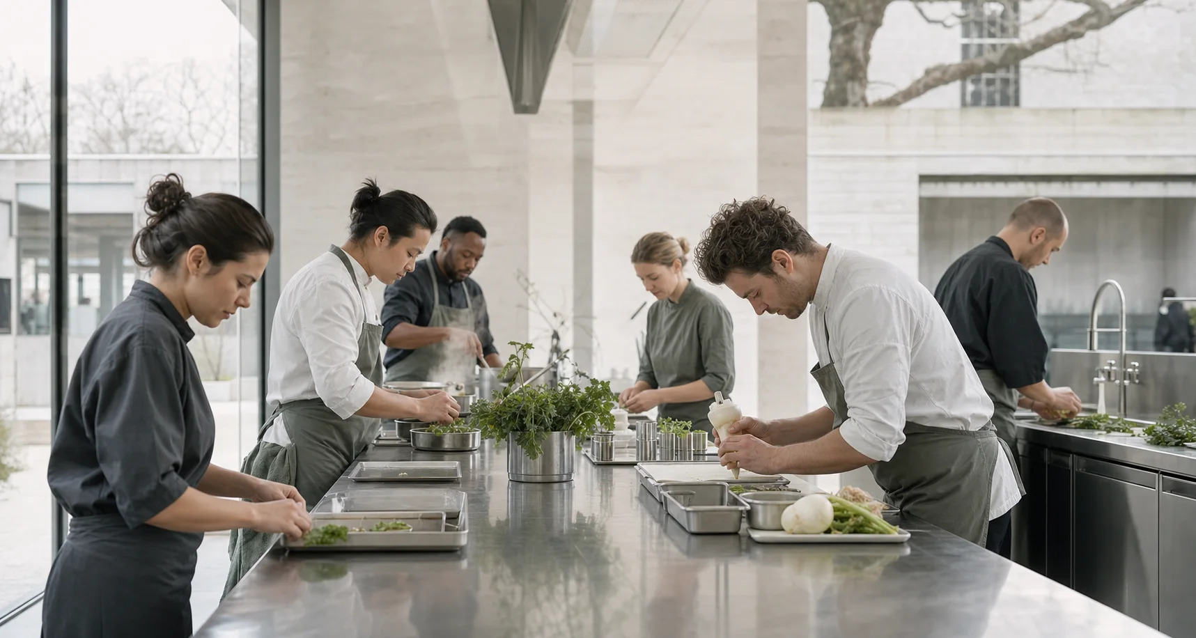 The Lumen kitchen team preparing dishes around a long worktable