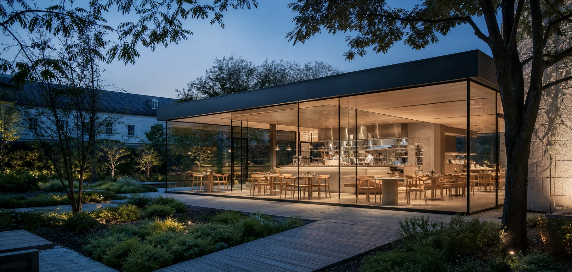 The fictional Lumen garden pavilion at blue hour