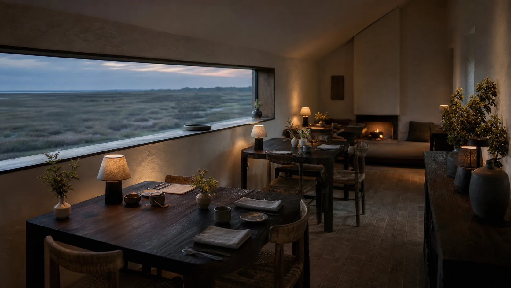 The imagined Saltmere dining room with weathered wood and soft evening light
