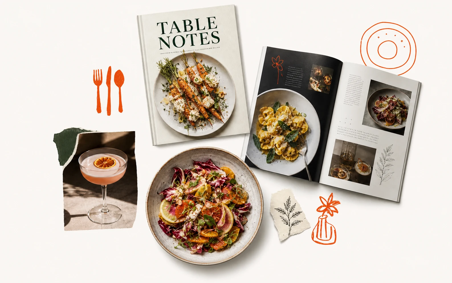 An editorial food culture moodboard with a fictional Table Notes magazine, an open food magazine, a cocktail photograph, seasonal dishes, a complete foreground salad plate and orange hand-drawn marks