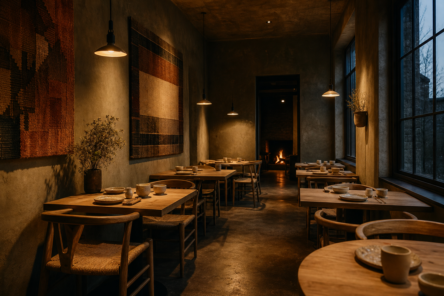 The intimate Yarrow House dining room at dusk