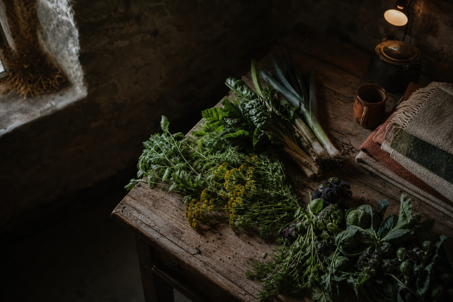 Fresh valley produce beside folded woven cloth