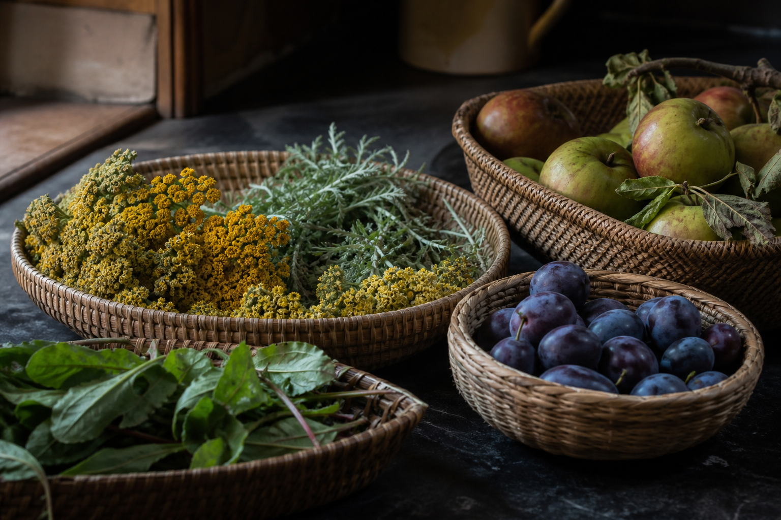 Yarrow, orchard fruit and valley herbs in woven baskets