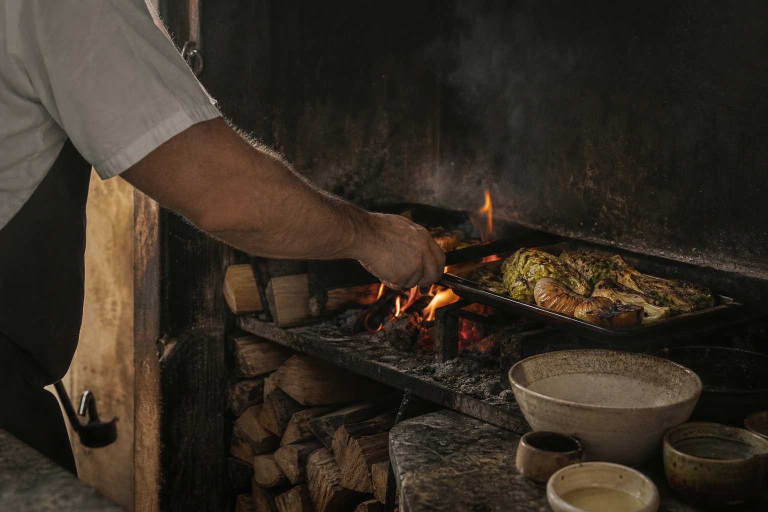 Vegetables cooking over the Yarrow House hearth