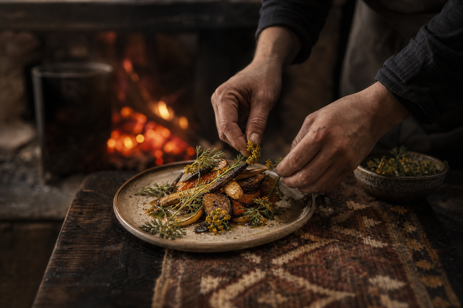 Hands placing yarrow over ember-roasted roots beside a wood fire at the fictional Yarrow House