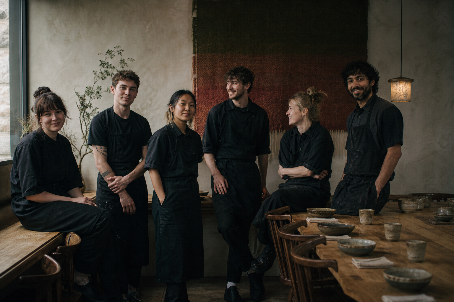 The fictional Yarrow House team in the dining room